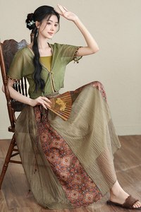 Bohemian Green Sheer Maxi Dress with Ethnic Patterns