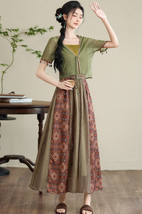 Bohemian Green Sheer Maxi Dress with Ethnic Patterns