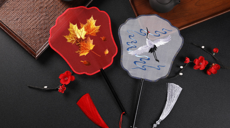 Double-Sided Embroidered Crane Hand Fan with Elegant Tassel