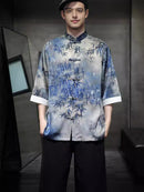 Chinese Vintage Men's Tang Linen Shirt with Bamboo Leaf Embroidery Designs