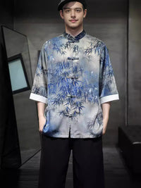 Chinese Vintage Men's Tang Linen Shirt with Bamboo Leaf Embroidery Designs