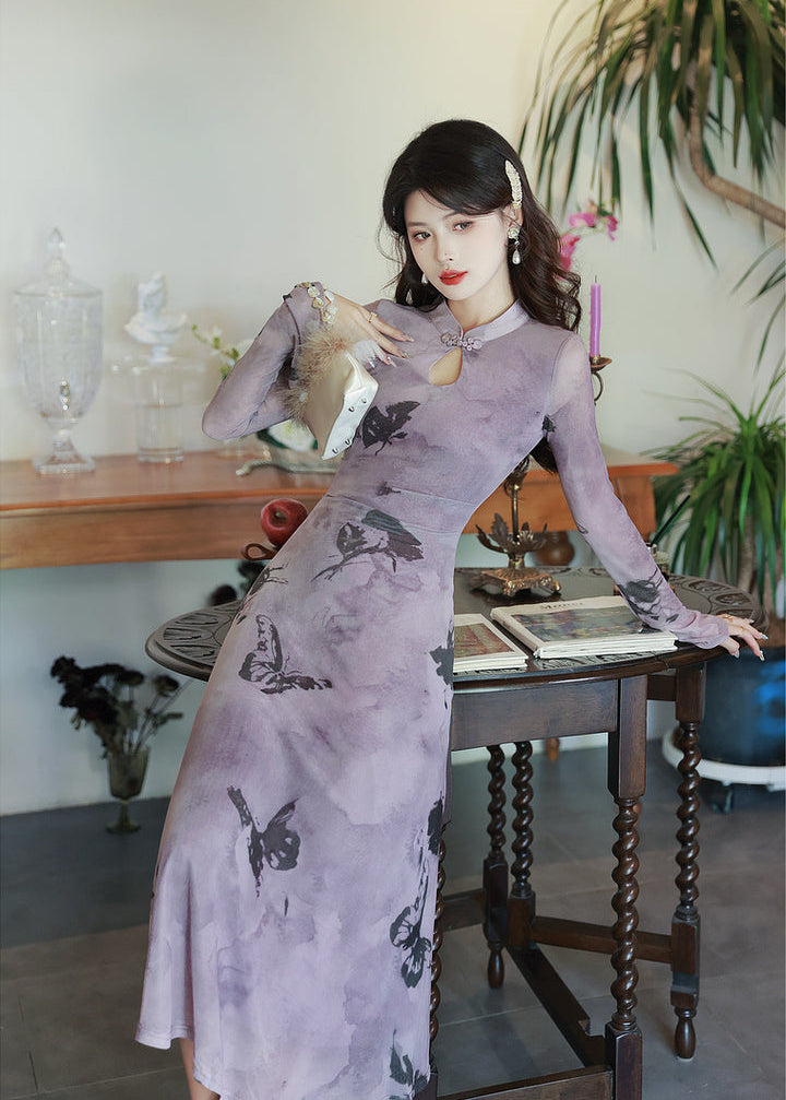 Purple Butterfly Print Short Qipao Dress for Women | Mandarin Collar Frog Buttons Keyhole Long Sleeve Slim Fit
