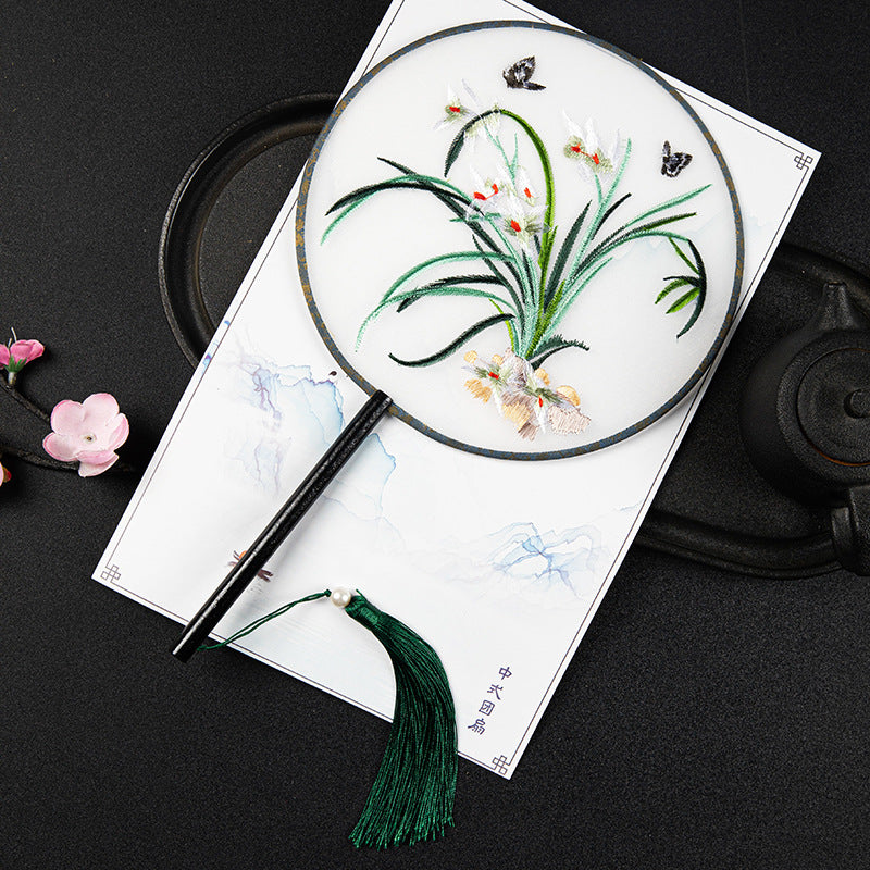 Double-Sided Embroidered Orchid Hand Fan with Elegant Tassel