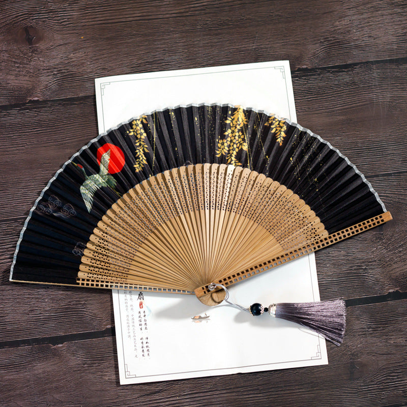 Handcrafted Chinese Bamboo Folding Fan for Hanfu Styling with Crane Design