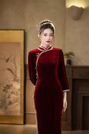Red Velvet Lace Long Sleeve Qipao Dress | Slim Mandarin Maxi