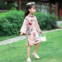 Girls' Long Sleeve Pink Floral Qipao