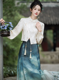 Elegant Hanfu-Inspired Two-Piece Set with Printed Gradient Skirt