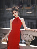 Elegant Red Halter Cheongsam Dress With Traditional Chinese Design