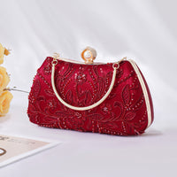 Luxury Red Embroidered Evening Handbag with Pearl Clasp and Detachable Chain