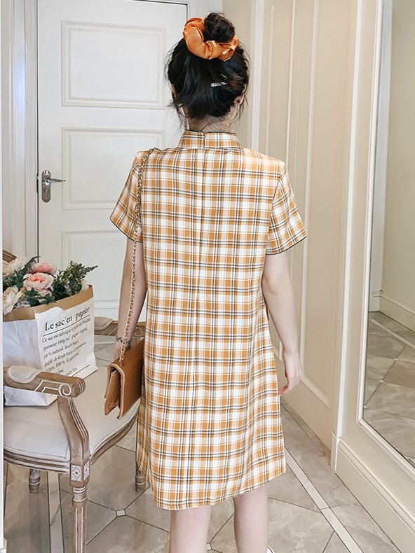 Yellow Plaid Short Cheongsam Dress Casual Vintage Style