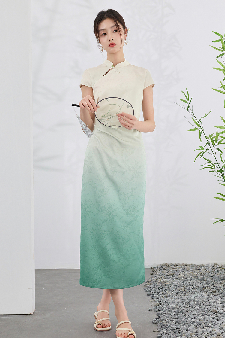 Elegant Gradient Cheongsam Midi Dress | Traditional Modern Qipao