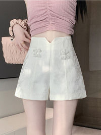 Elegant High-Waisted Jacquard Shorts with Floral Embroidery