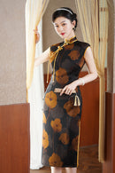 Elegant Black Cheongsam with Floral Prints and Pearl Detailing