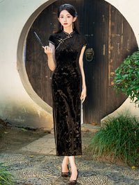 Velvet Embroidered Cheongsam Dress with Side Slit