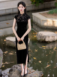 Velvet Embroidered Cheongsam Dress with Side Slit