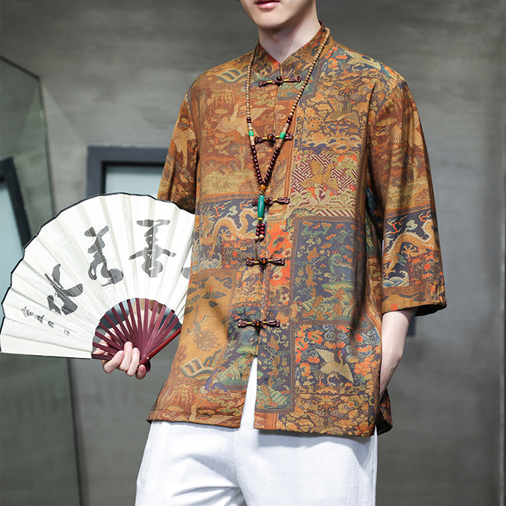 Traditional Men's Casual Shirt With Vintage Oriental Patterns