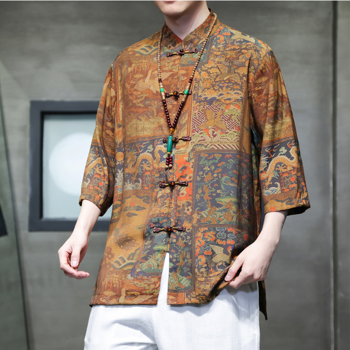 Traditional Men's Casual Shirt With Vintage Oriental Patterns