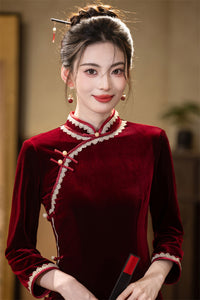 Red Velvet Lace Long Sleeve Qipao Dress | Slim Mandarin Maxi