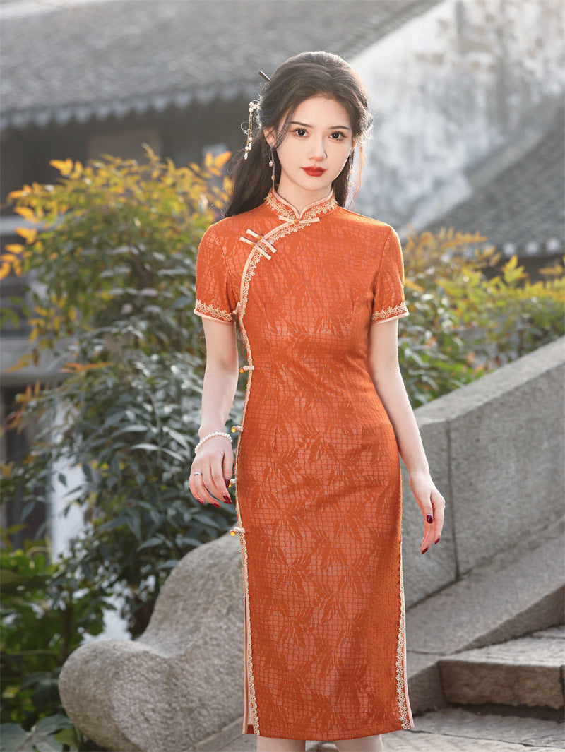 Elegant Orange Lace Cheongsam Dress with Traditional Detailing