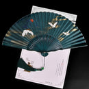 Traditional Chinese Folding Fan With Cranes and Green Tassel Hanfu Accessory