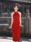 Elegant Red Halter Cheongsam Dress With Traditional Chinese Design