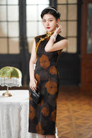 Elegant Black Cheongsam with Floral Prints and Pearl Detailing