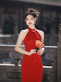 Elegant Red Halter Cheongsam Dress With Traditional Chinese Design