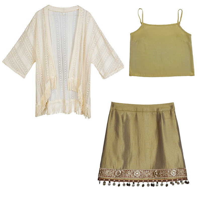 New Chinese Style Three-Piece Set with Embroidered Skirt, Tank Top, and Fringe Cardigan