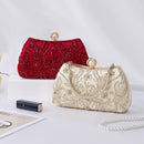 Luxury Red Embroidered Evening Handbag with Pearl Clasp and Detachable Chain