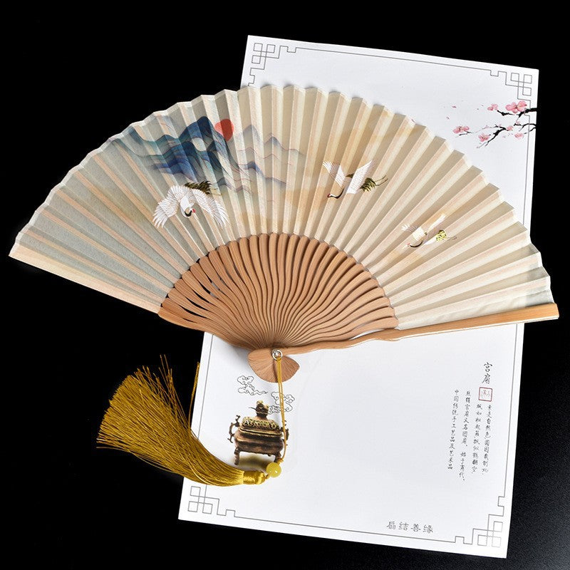 Elegant Crane Pattern Folding Fan with Tassel in Gift Box