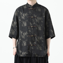 Men's Black Bamboo Print Shirt With Traditional Chinese Style