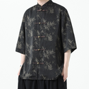 Men's Black Bamboo Print Shirt With Traditional Chinese Style