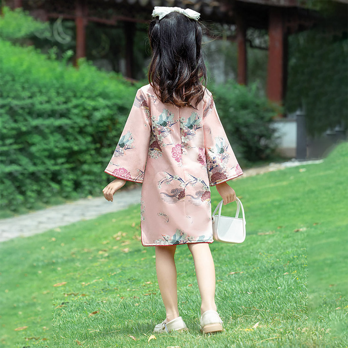 Girls' Long Sleeve Pink Floral Qipao