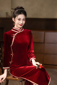 Red Velvet Lace Long Sleeve Qipao Dress | Slim Mandarin Maxi