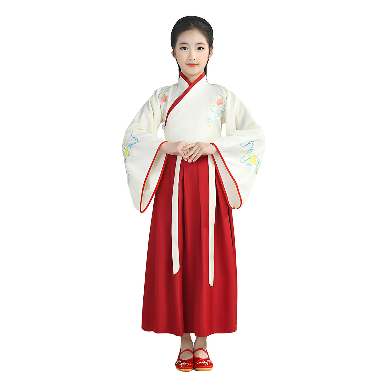 Girls' Red and White Embroidered Hanfu - Chinese Clothing