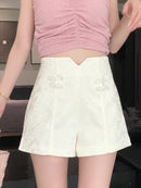 Elegant High-Waisted Jacquard Shorts with Floral Embroidery