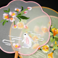 Chinese Embroidered Round Silk Fan With Pink Tassel Wooden Handle