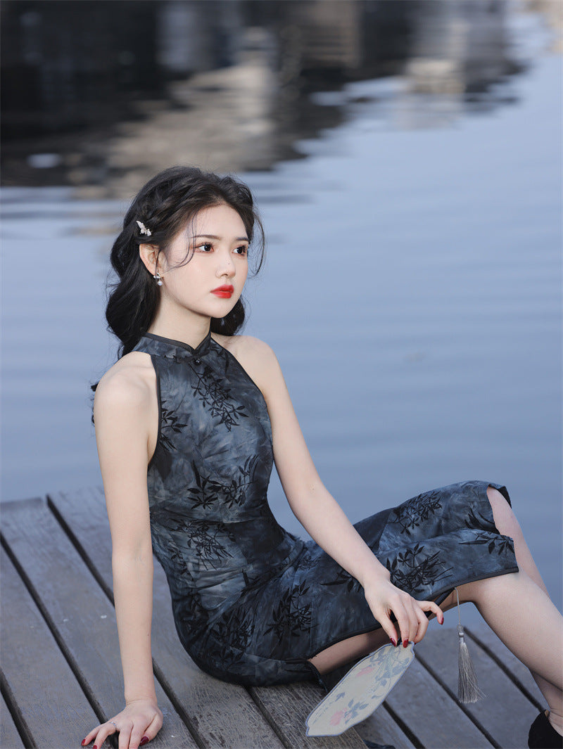 Elegant Black Bamboo Pattern Halter Qipao Dress - Chinese Inspired Style