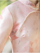 Pink Floral Three-Quarter Sleeve Mandarin Collar Qipao Dress