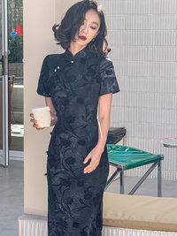 Velvet Black Floral Cheongsam Dress Elegant Evening Style