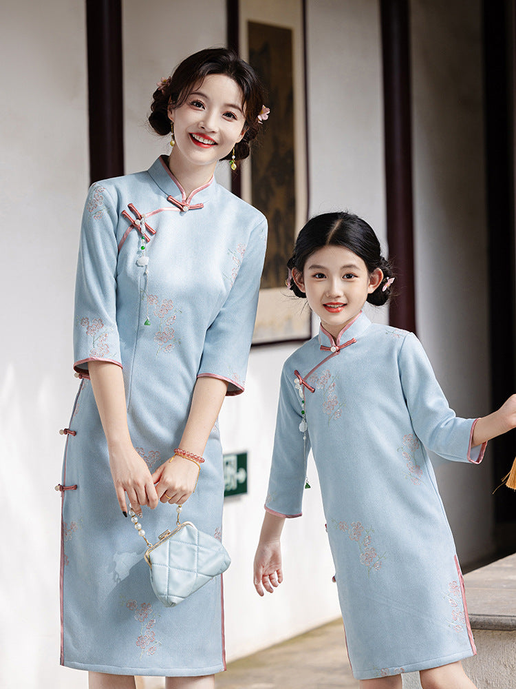 Mother And Daughter Matching Cheongsam Dress Elegant Blue Embroidery Outfit