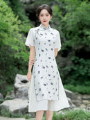 Elegant Floral Print Chinese Style Dress with Short Sleeves and Flowing Hemline