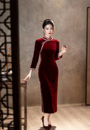 Red Velvet Lace Long Sleeve Qipao Dress | Slim Mandarin Maxi
