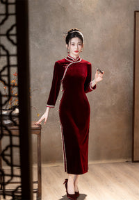 Red Velvet Lace Long Sleeve Qipao Dress | Slim Mandarin Maxi