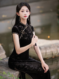 Velvet Embroidered Cheongsam Dress with Side Slit