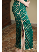 Vintage Green Polka Dot Cheongsam with Mandarin Collar and Pearl Detailing