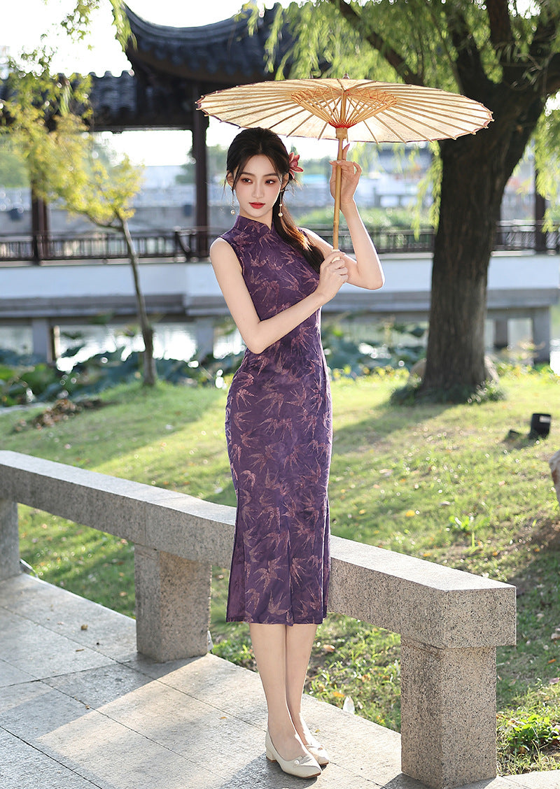 Purple Floral Qipao | Slim Fit Mandarin Collar Dress