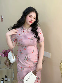 Elegant Pink Cherry Blossom Cheongsam Dress with Delicate Button Detailing