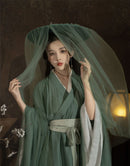 Elegant Traditional Green Flowing Robe Set with Veil