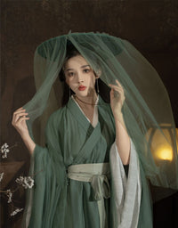 Elegant Traditional Green Flowing Robe Set with Veil